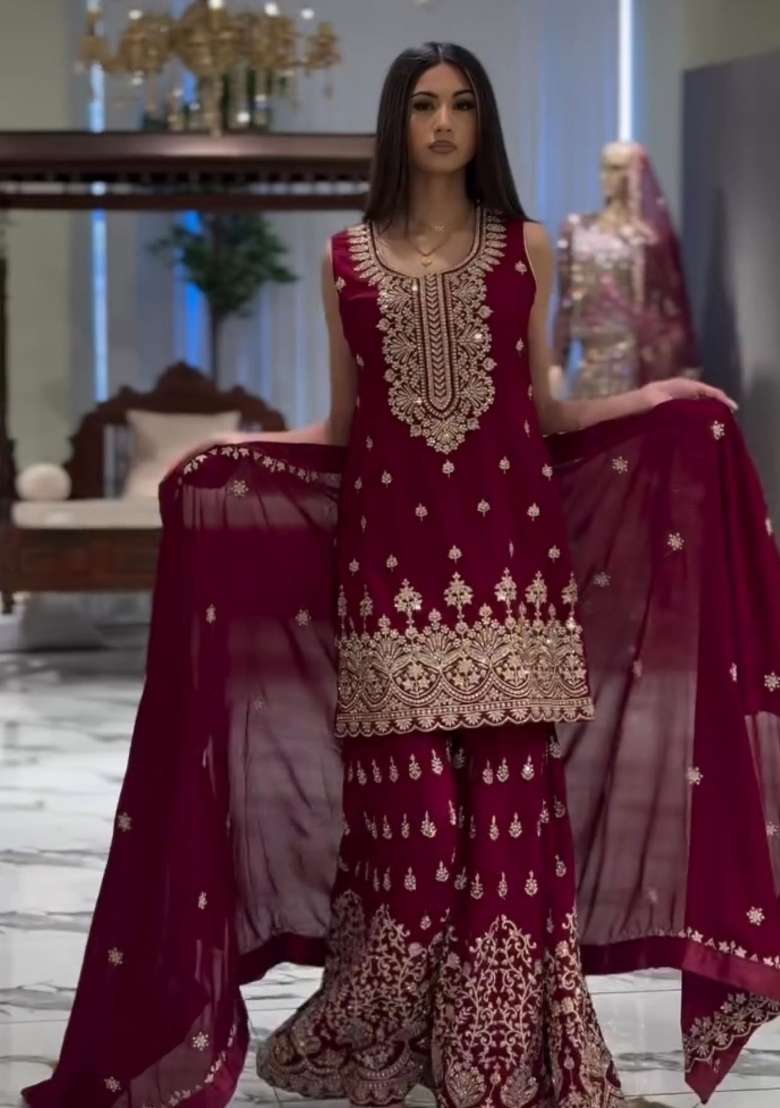 Maroon Embroidered Georgette Sharara Set - Indya