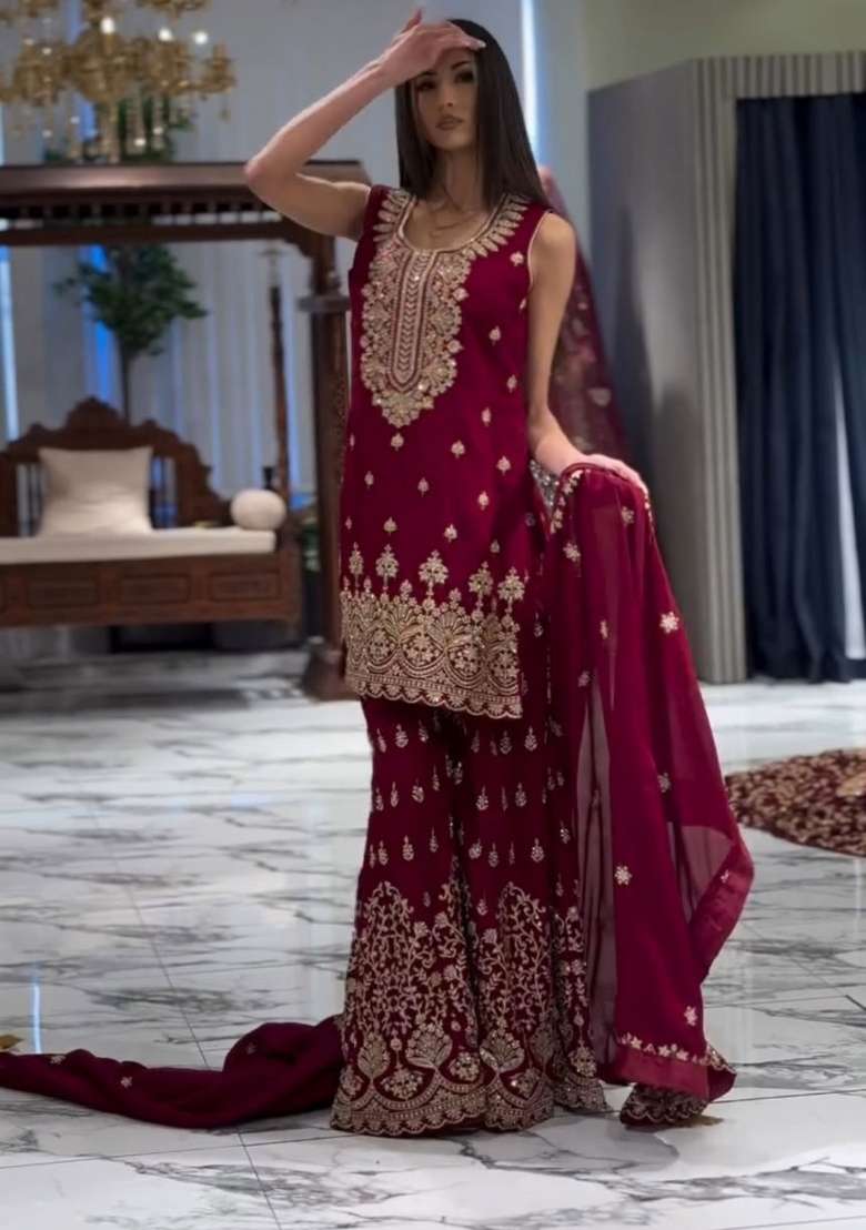 Maroon Embroidered Georgette Sharara Set - Indya