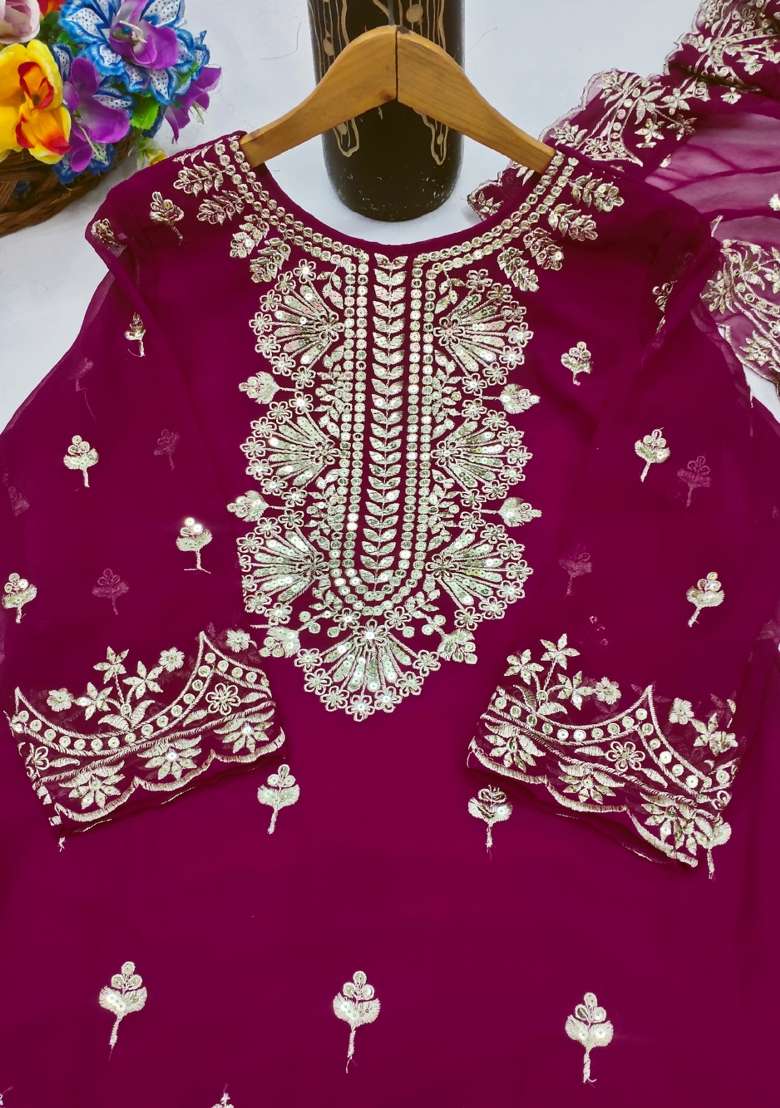 Maroon Embroidered Georgette Sharara Set - Indya
