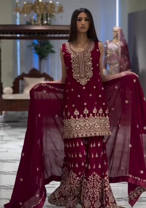 Maroon Embroidered Georgette Sharara Set — view on Indya
