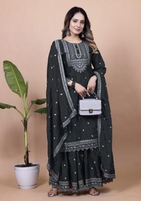 Black Embroidered Chinon Sharara Set