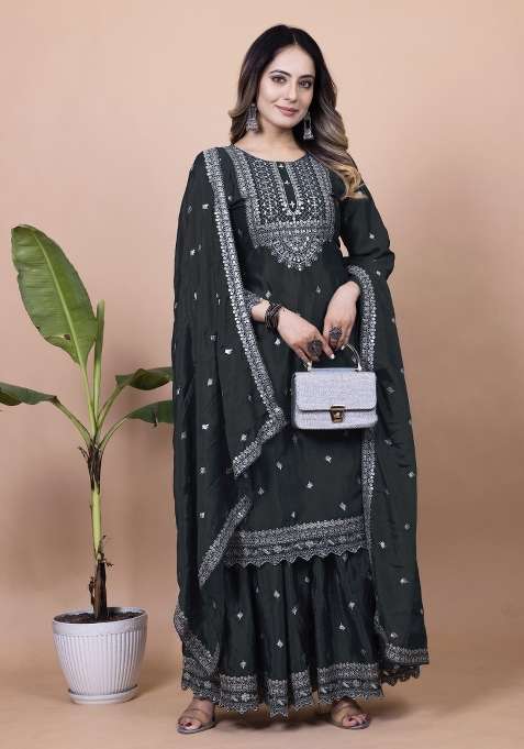Black Embroidered Chinon Sharara Set
