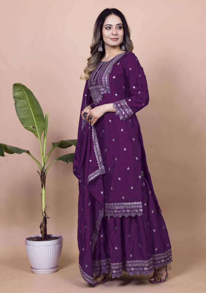 Wine Embroidered Chinon Sharara Set - Indya