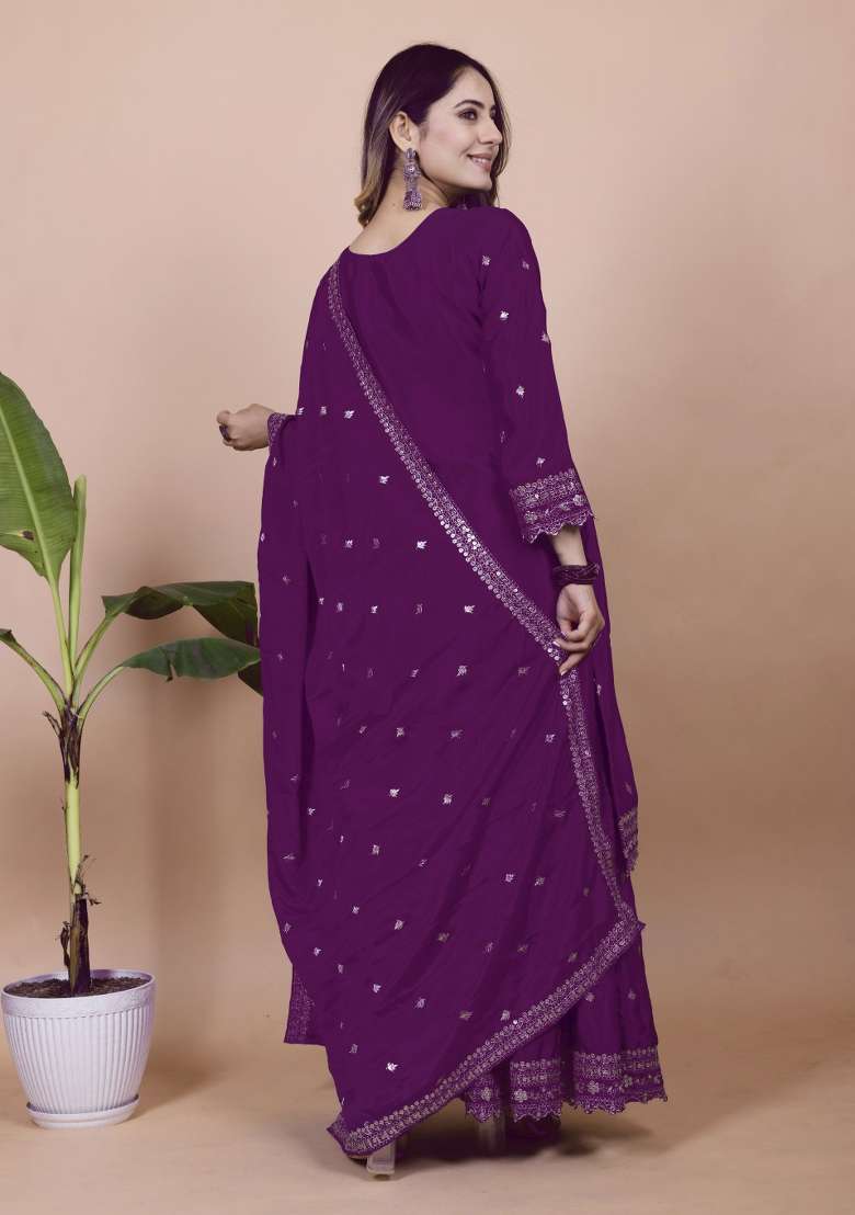 Wine Embroidered Chinon Sharara Set - Indya