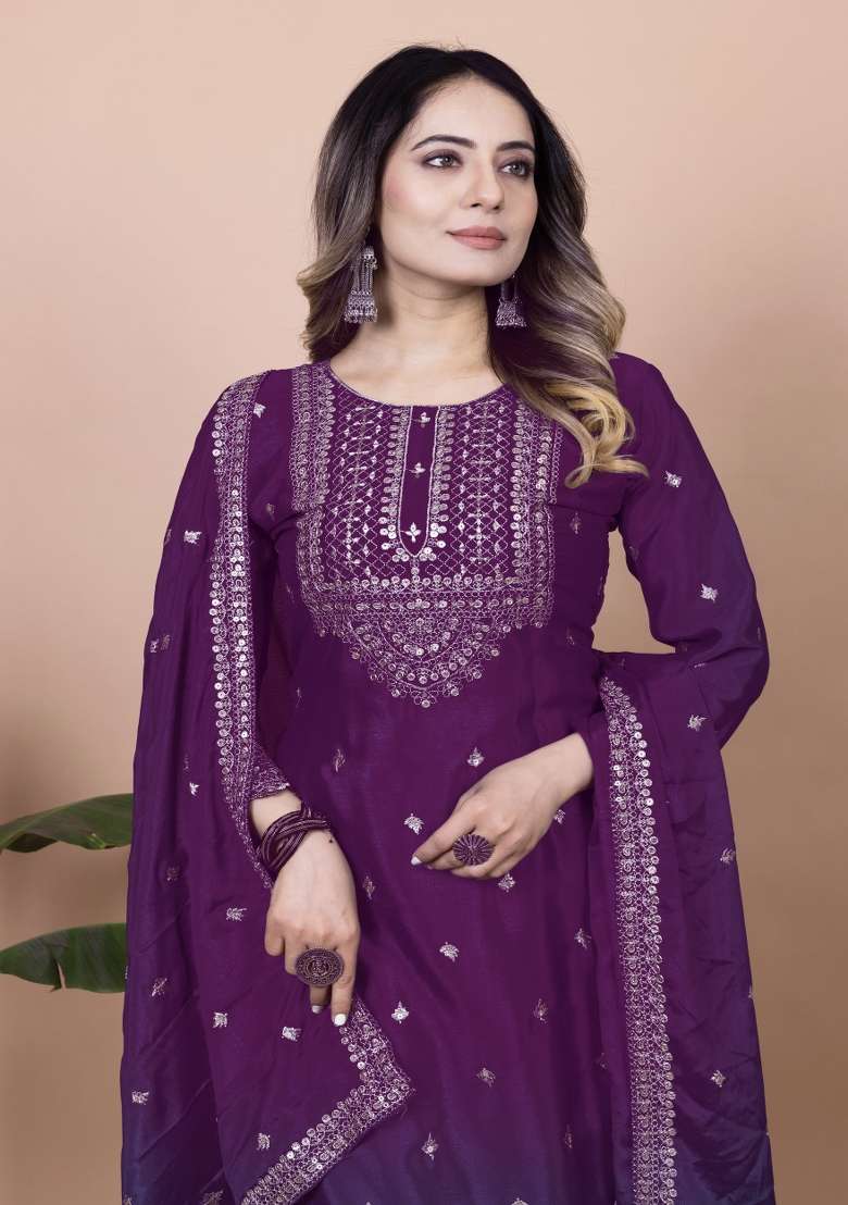 Wine Embroidered Chinon Sharara Set - Indya