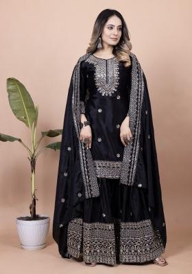 Black Embroidered Chinon Sharara Set