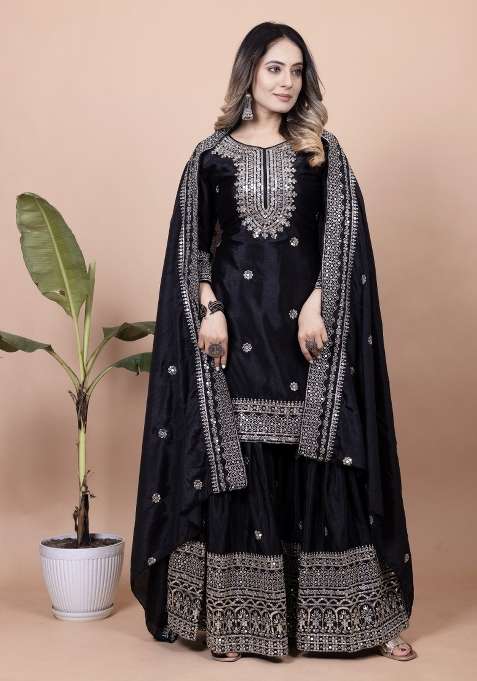 Black Embroidered Chinon Sharara Set