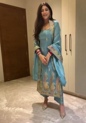Sky Blue Embroidered Chinon Straight Kurta Set