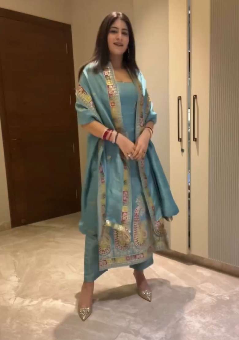 Sky Blue Embroidered Chinon Straight Kurta Set - Indya