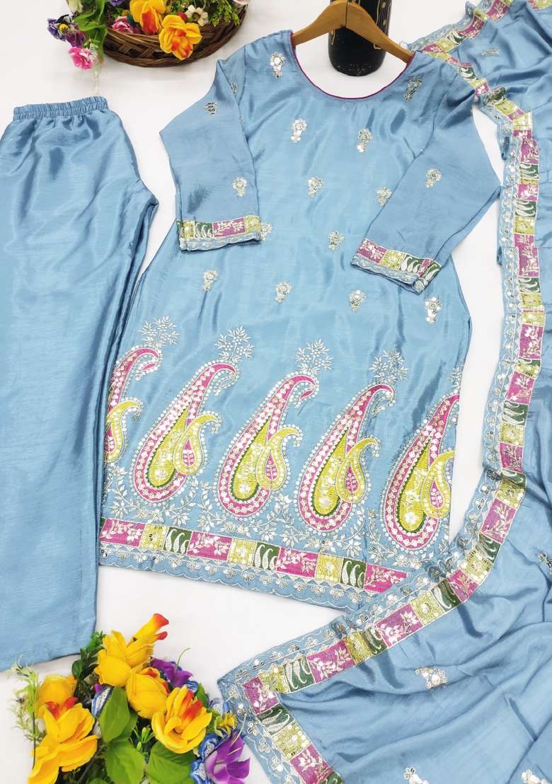 Sky Blue Embroidered Chinon Straight Kurta Set - Indya