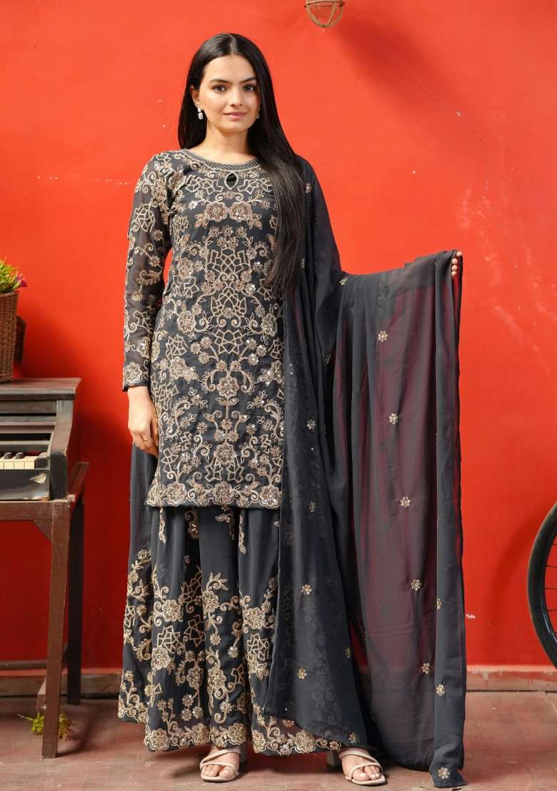 Black Embroidered Georgette Sharara Set - Indya