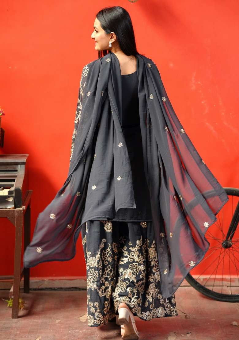 Black Embroidered Georgette Sharara Set - Indya