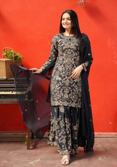 Black Embroidered Georgette Sharara Set