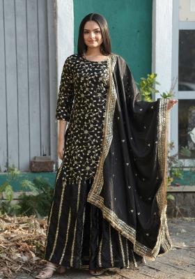 Black Embroidered Chinon Sharara Set