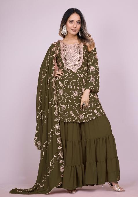 Mehndi Embroidered Georgette Sharara Set — view on Indya