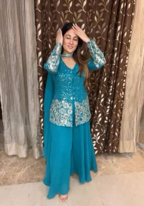 Sea Blue Embroidered Georgette Sharara Set
