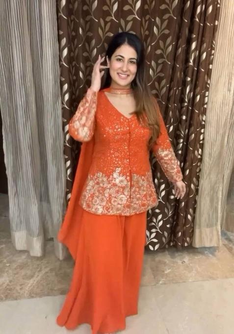Orange Embroidered Georgette Sharara Set
