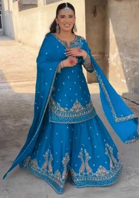 Blue Embroidered Chinon Sharara Set