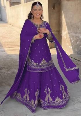 Violet Embroidered Chinon Salwar Kameez With Dupatta