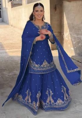 Royal Blue Embroidered Chinon Sharara Set