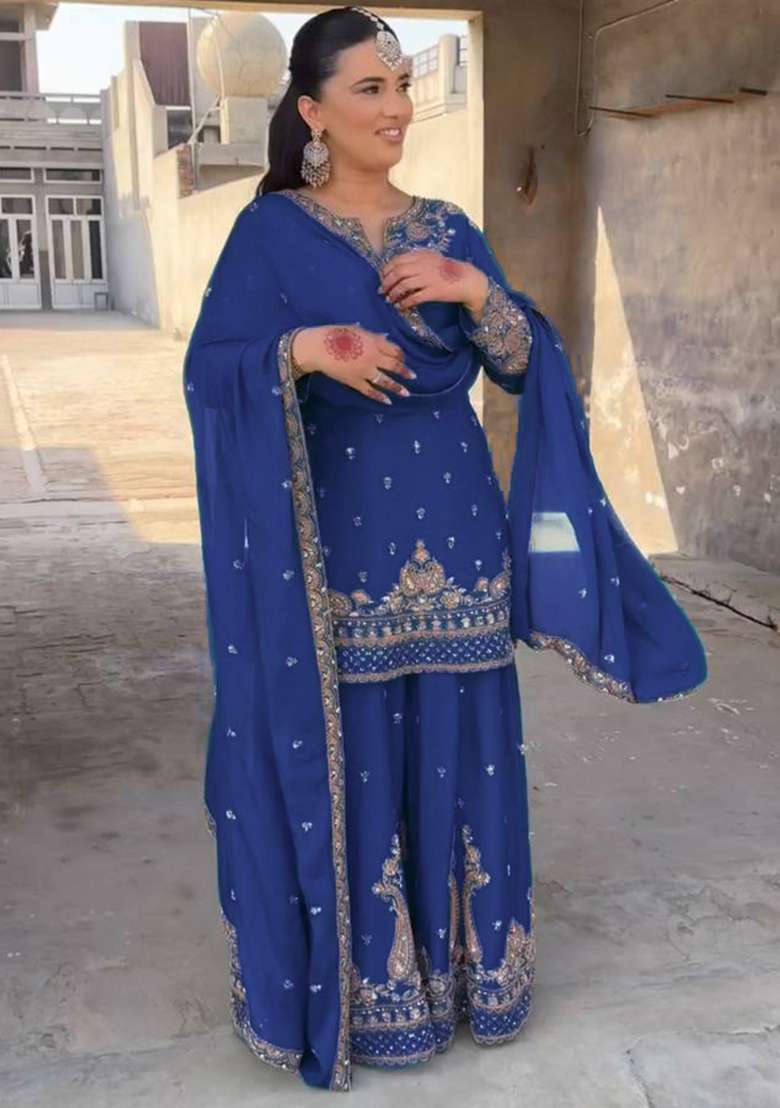 Royal Blue Embroidered Chinon Sharara Set - Indya