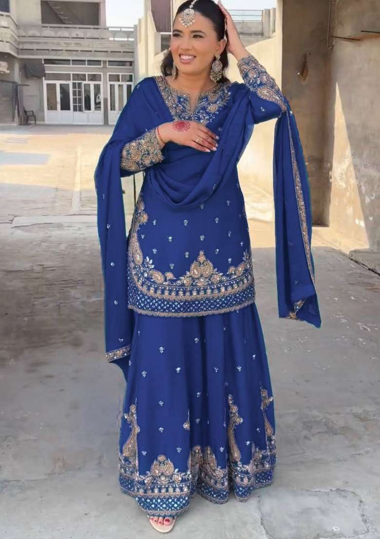 Royal Blue Embroidered Chinon Sharara Set - Indya
