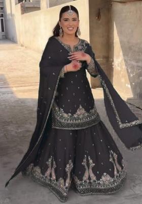 Black Embroidered Chinon Sharara Set