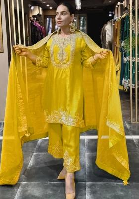 Yellow Embroidered Chinon Pakistani Suit Set