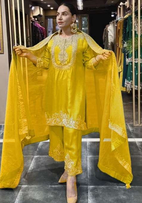 Yellow Embroidered Chinon Pakistani Suit Set