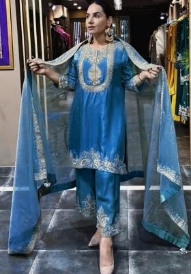 Blue Embroidered Chinon Pakistani Suit Set