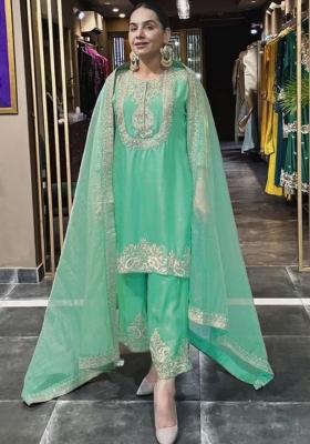 Sea Green Embroidered Chinon Straight Kurta Set