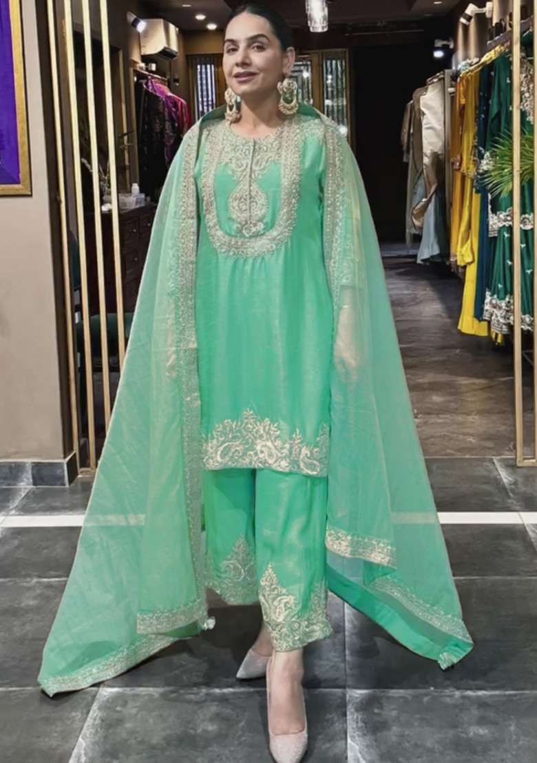 Sea Green Embroidered Chinon Straight Kurta Set - Indya