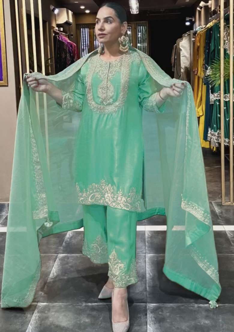 Sea Green Embroidered Chinon Straight Kurta Set - Indya