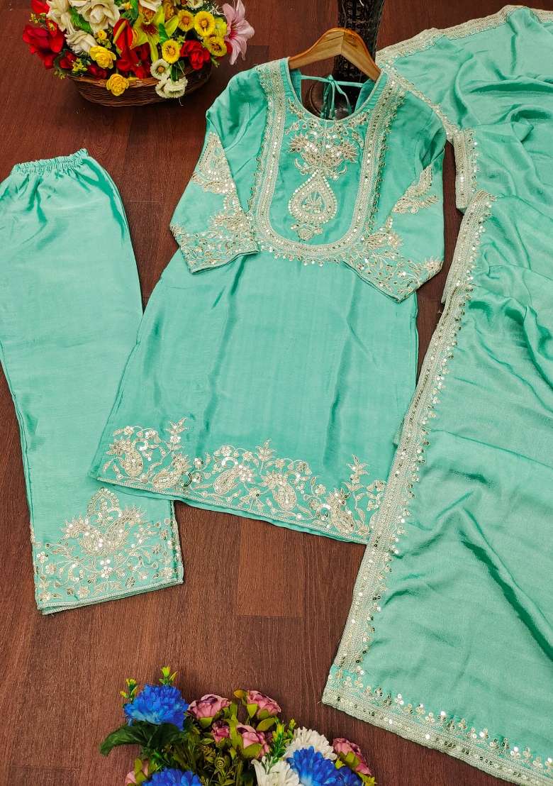 Sea Green Embroidered Chinon Straight Kurta Set - Indya