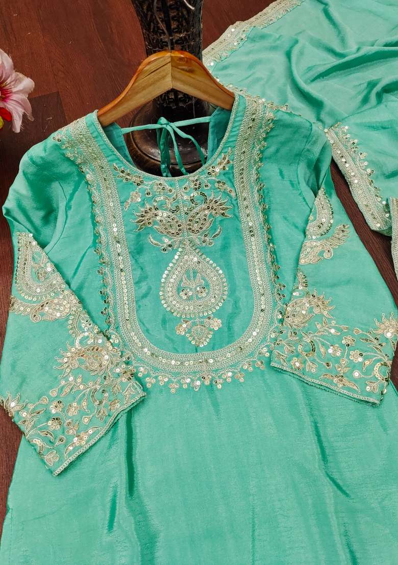 Sea Green Embroidered Chinon Straight Kurta Set - Indya