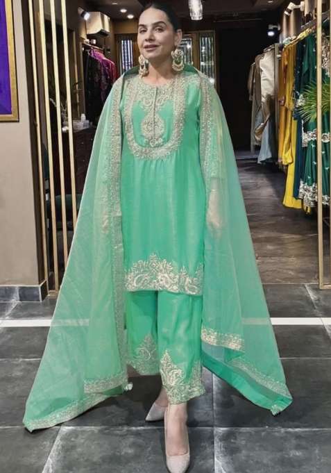 Sea Green Embroidered Chinon Straight Kurta Set