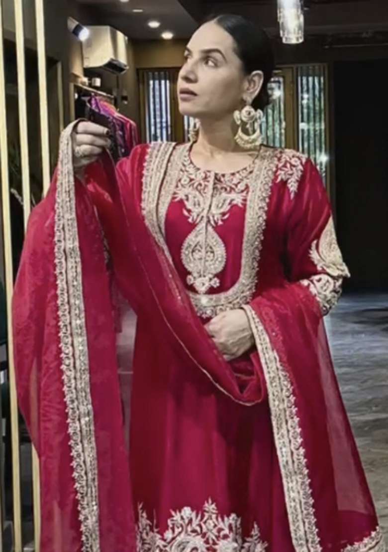 Maroon Embroidered Chinon Sharara Set - Indya