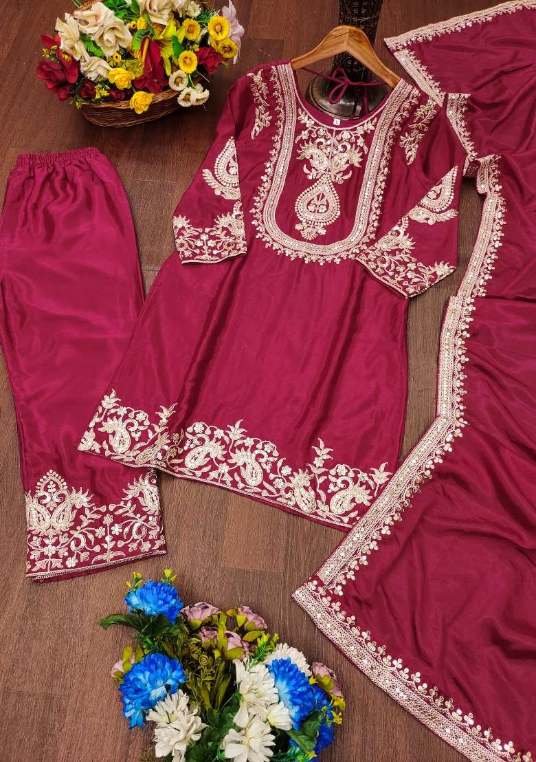 Maroon Embroidered Chinon Sharara Set - Indya