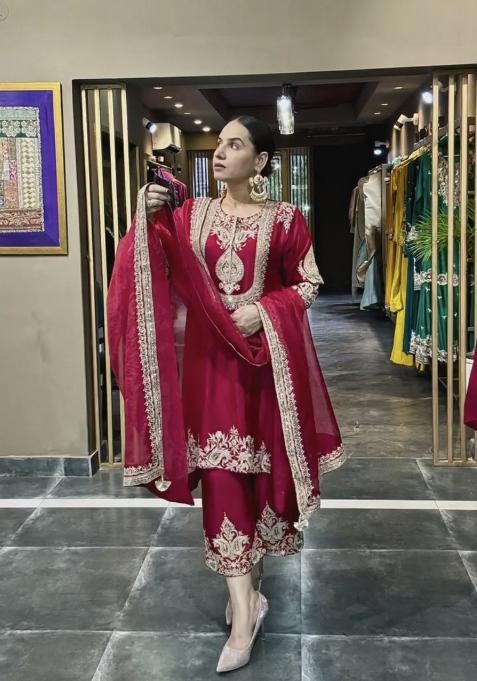 Maroon Embroidered Chinon Sharara Set