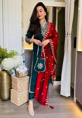 Teal Blue Embroidered Chinon Salwar Kameez With Dupatta