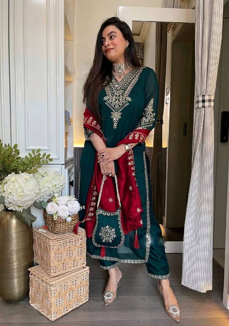 Teal Blue Embroidered Chinon Straight Kurta Set - Indya