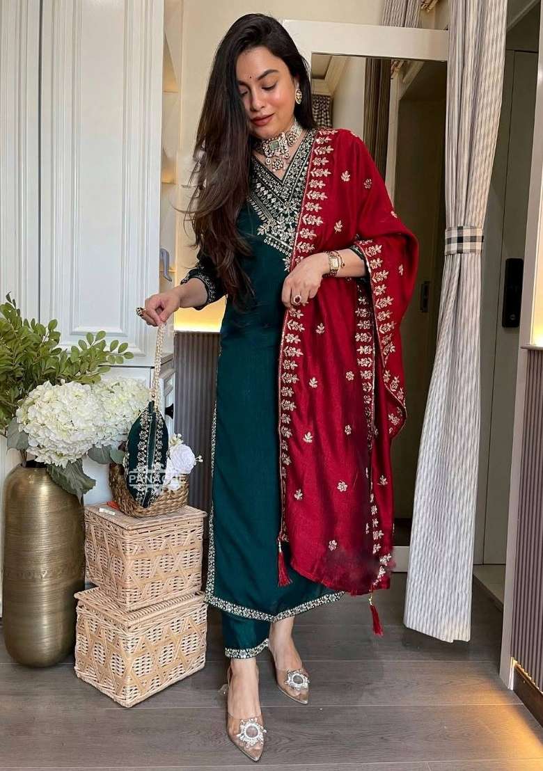 Teal Blue Embroidered Chinon Straight Kurta Set - Indya