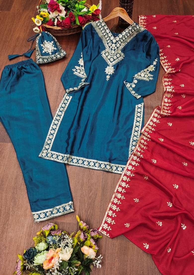 Teal Blue Embroidered Chinon Straight Kurta Set - Indya