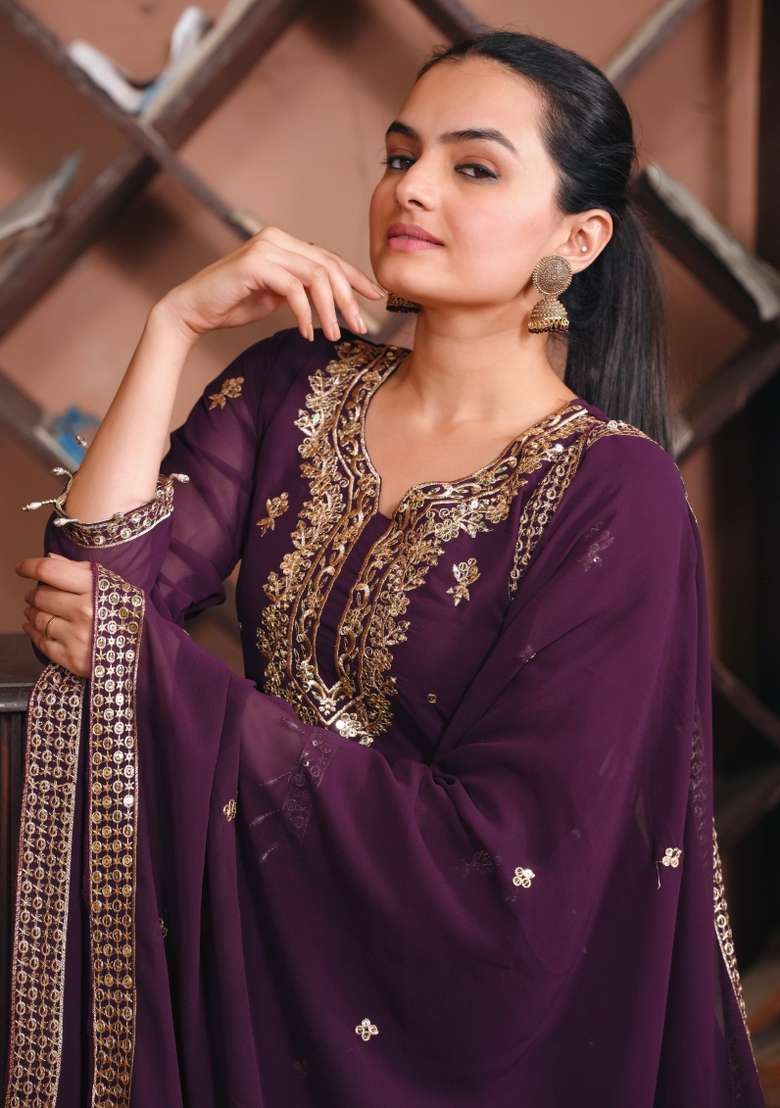 Wine Embroidered Georgette Pakistani Suit Set - Indya