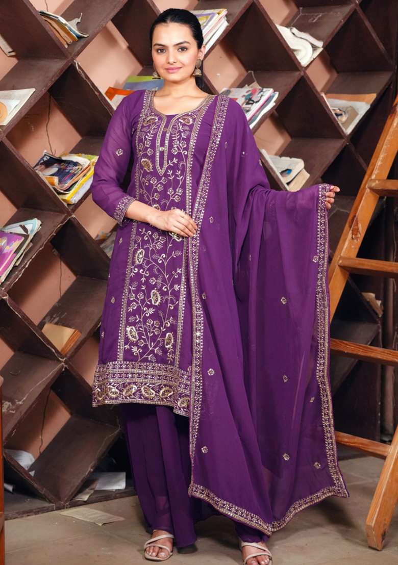 Purple Embroidered Georgette Straight Kurta Set - Indya