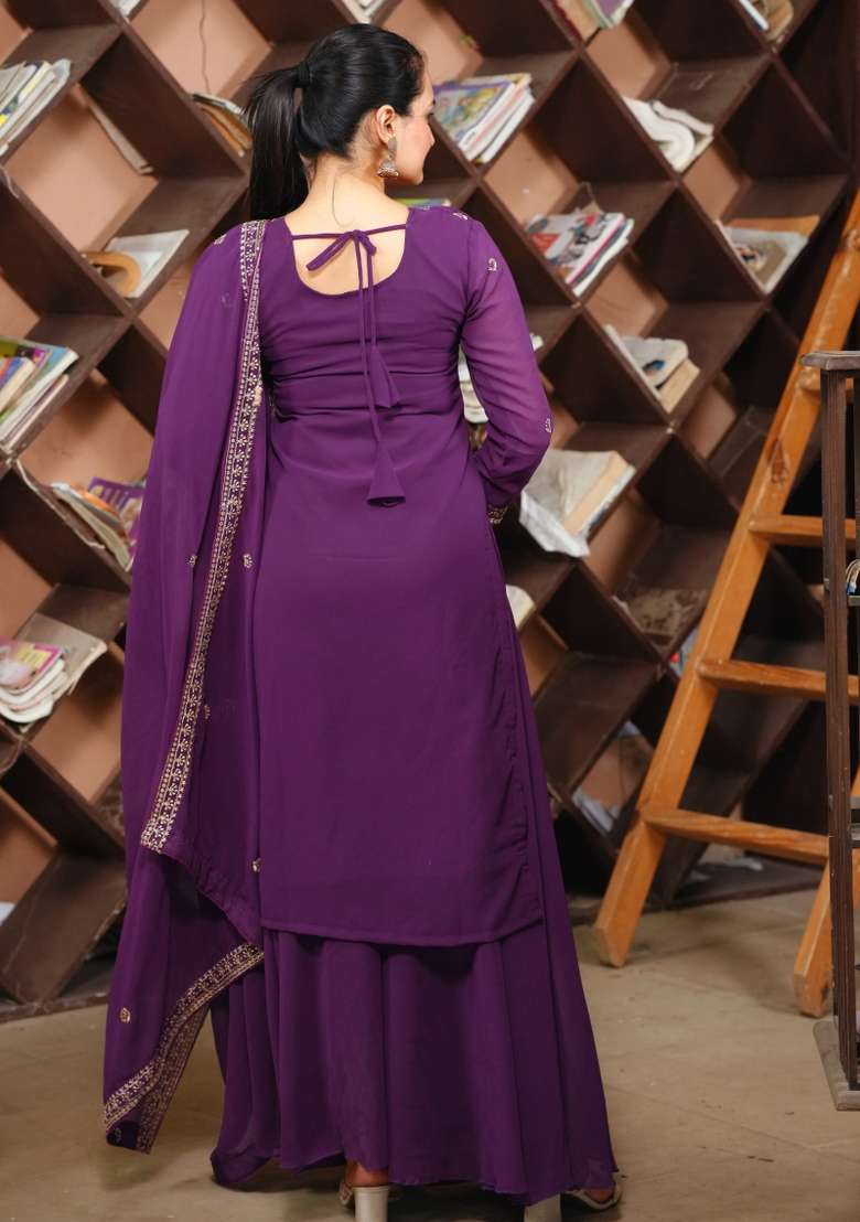 Purple Embroidered Georgette Straight Kurta Set - Indya