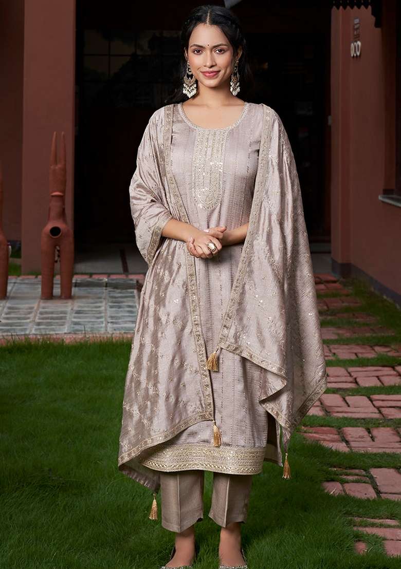 Grey Jacquard Vichitra Straight Kurta Set - Indya