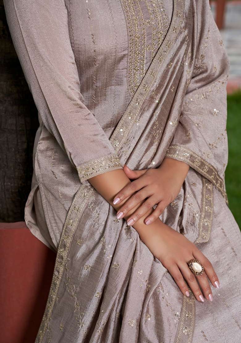Grey Jacquard Vichitra Straight Kurta Set - Indya