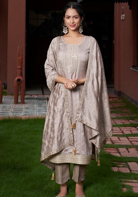 Grey Jacquard Vichitra Straight Kurta Set