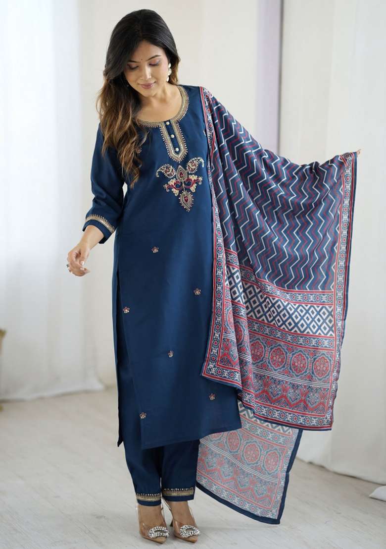 Navy Blue Embroidered Silk Blend Straight Kurta Set - Indya